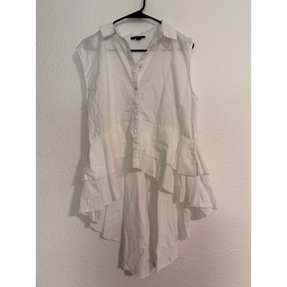 L.N.V. Womens White Sleeveless High Low Ruffle Tiered Button Down Top L Festival